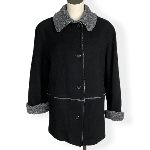 Wool Coat Black Gray Trim Fleet Street - Picture 1 of 7